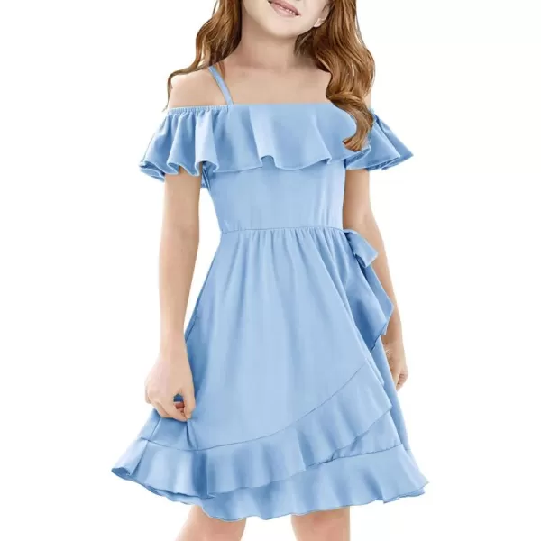 Mebius Girls Off Shoulder Dresses Flowy with Pockets Summer Ruffle Wrap Dress Casual Party Graduatoin Kids DressLight Blue