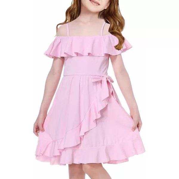 Mebius Girls Off Shoulder Dresses Flowy with Pockets Summer Ruffle Wrap Dress Casual Party Graduatoin Kids DressPink