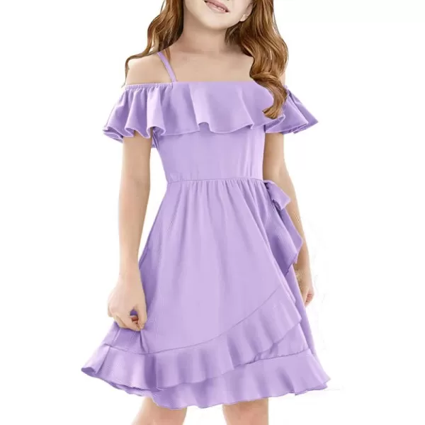 Mebius Girls Off Shoulder Dresses Flowy with Pockets Summer Ruffle Wrap Dress Casual Party Graduatoin Kids DressPurple