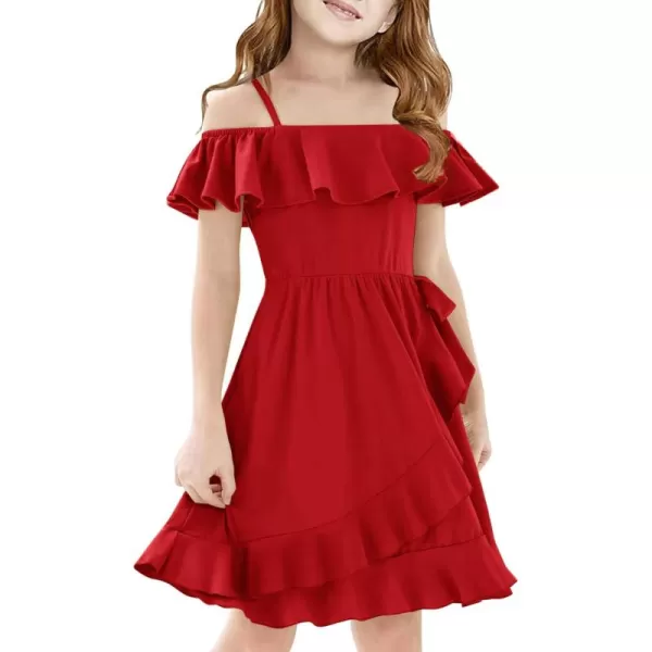 Mebius Girls Off Shoulder Dresses Flowy with Pockets Summer Ruffle Wrap Dress Casual Party Graduatoin Kids DressRed