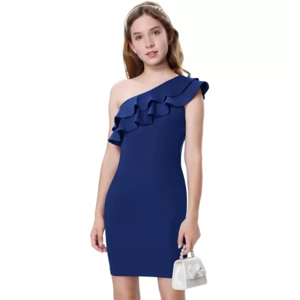Mebius Girls One Shoulder Party Dress Bodycon Ruffle Trim Sleeve Pencil Summer Dresses for Special Occasions Birthday 814YNavy Blue