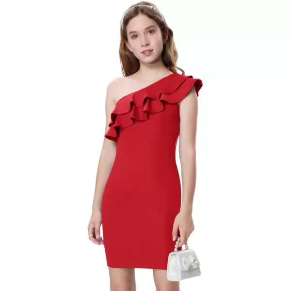 Mebius Girls One Shoulder Party Dress Bodycon Ruffle Trim Sleeve Pencil Summer Dresses for Special Occasions Birthday 814YRed