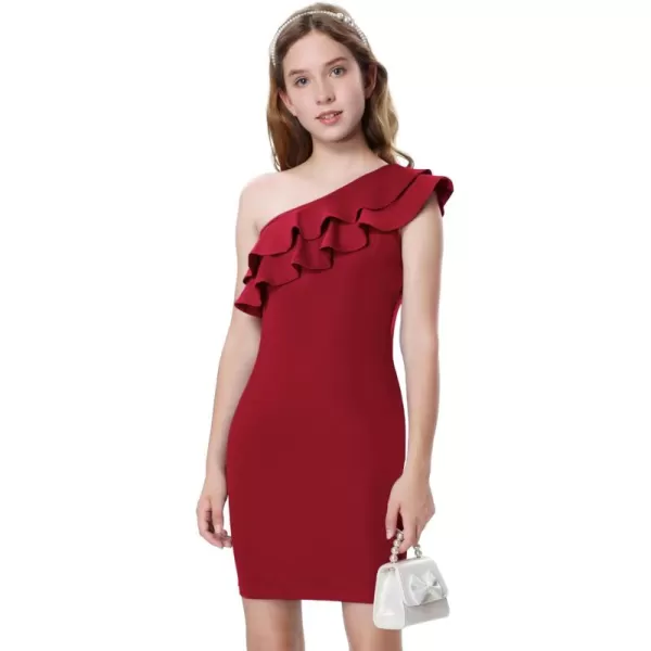 Mebius Girls One Shoulder Party Dress Bodycon Ruffle Trim Sleeve Pencil Summer Dresses for Special Occasions Birthday 814YWine Red