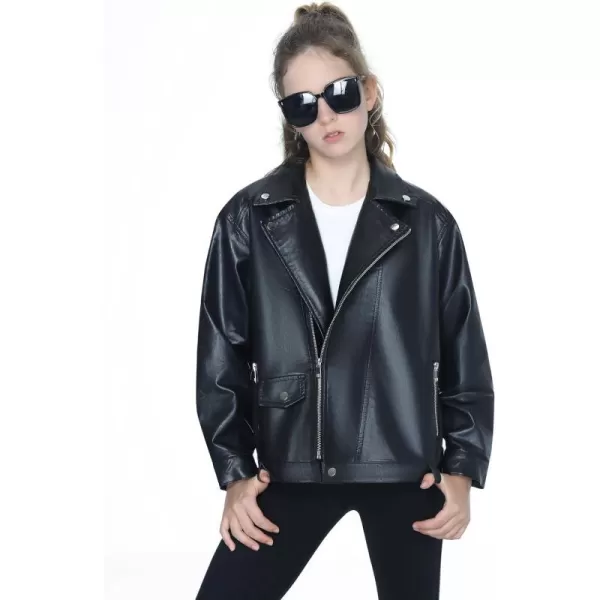 Mebius Girls Oversize Leather Jacket Kids Long Sleeve PU Faux Leather Pockets Youth Zip Up Outerwear CoatsBlacka