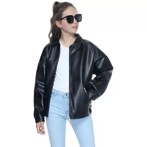 Mebius Girls Oversize Leather Jacket Kids Long Sleeve PU Faux Leather Pockets Youth Zip Up Outerwear CoatsBlackb