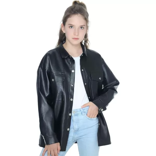 Mebius Girls Oversize Leather Jacket Kids Long Sleeve PU Faux Leather Pockets Youth Zip Up Outerwear CoatsBlackc