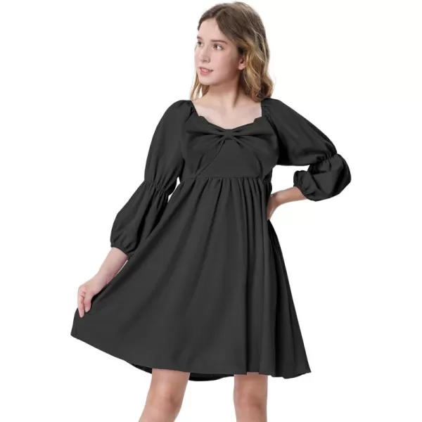 Mebius Girls Puff Long Sleeve Dresses Bow Front Smocked Square Neck Wedding Aline Casual Elegant Party Dress 612YBlack