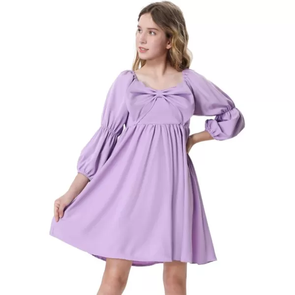 Mebius Girls Puff Long Sleeve Dresses Bow Front Smocked Square Neck Wedding Aline Casual Elegant Party Dress 612YPurple