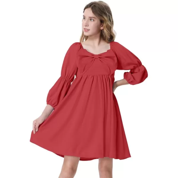 Mebius Girls Puff Long Sleeve Dresses Bow Front Smocked Square Neck Wedding Aline Casual Elegant Party Dress 612YRed
