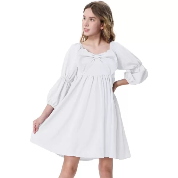 Mebius Girls Puff Long Sleeve Dresses Bow Front Smocked Square Neck Wedding Aline Casual Elegant Party Dress 612YWhite