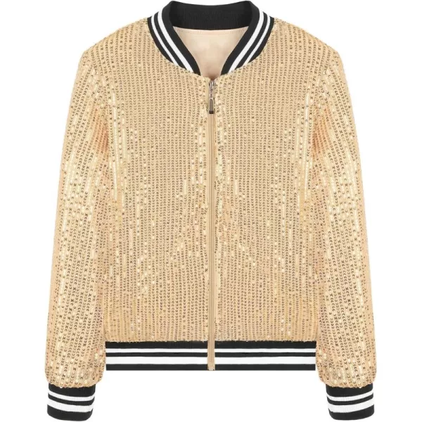 Mebius Girls Sequin Bomber Jacket with Pockets Zipper Long Sleeve Lightweight Sparkle Jackets for Kid 612YGold