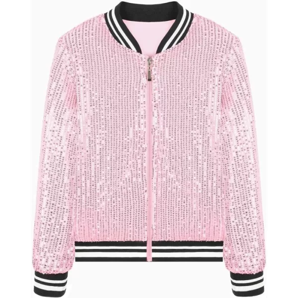 Mebius Girls Sequin Bomber Jacket with Pockets Zipper Long Sleeve Lightweight Sparkle Jackets for Kid 612YPink