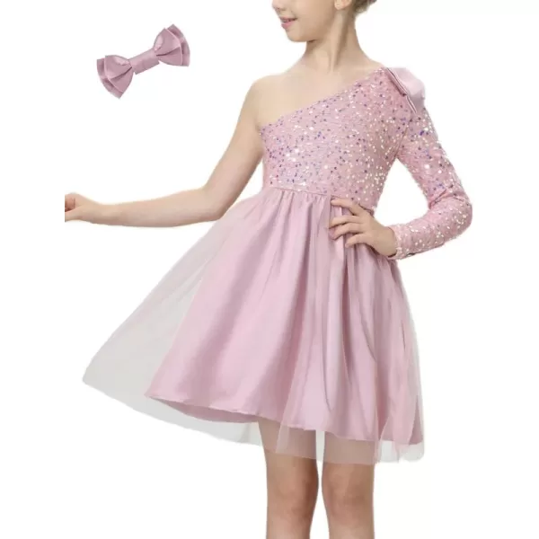Mebius Girls Sequin Tutu Tulle Dress One Shoulder Party Sparkly Fancy Kids Special Occasion Sparkle Birthday BowPink