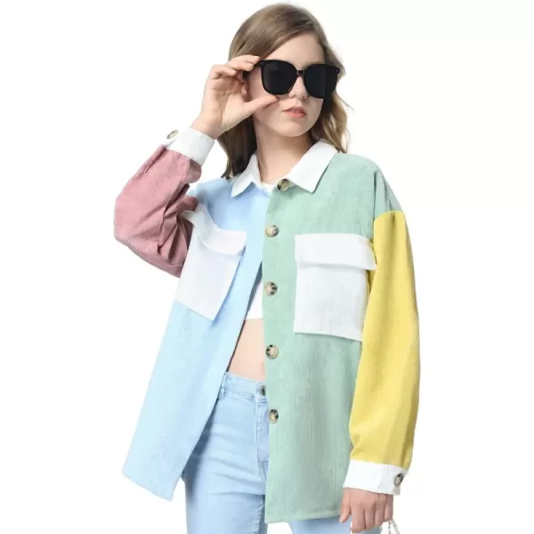 Mebius Girls Shacket Jacket Long Sleeve PlaidCorduroy Color Block Button Down Casual Collared Shirt with PocketColor Block BlueGreen