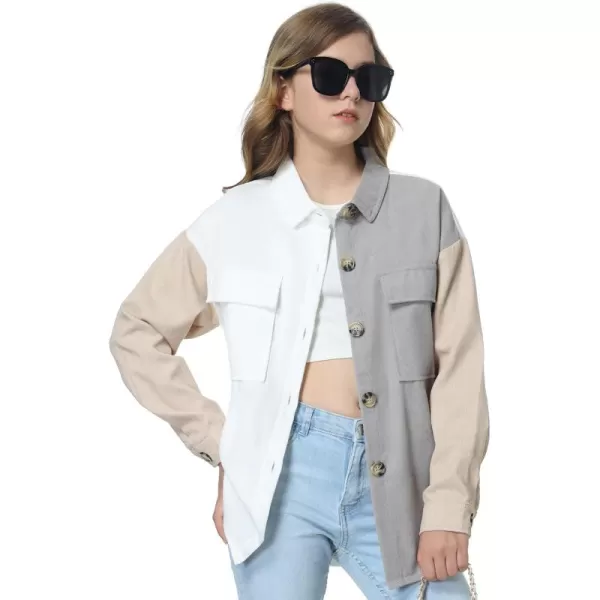 Mebius Girls Shacket Jacket Long Sleeve PlaidCorduroy Color Block Button Down Casual Collared Shirt with PocketColor Block WhiteBrown