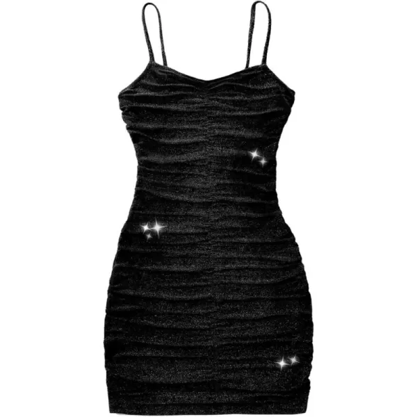 Mebius Girls Spaghetti Strap Bodycon Mini Dress V Neck Summer Sleeveless Ruched Short Tight Pencil DressesBlack