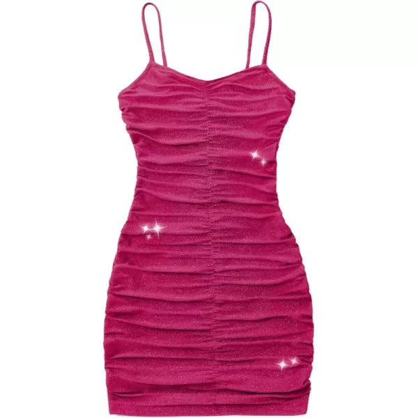 Mebius Girls Spaghetti Strap Bodycon Mini Dress V Neck Summer Sleeveless Ruched Short Tight Pencil DressesHot Pink