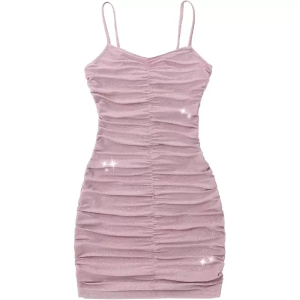 Mebius Girls Spaghetti Strap Bodycon Mini Dress V Neck Summer Sleeveless Ruched Short Tight Pencil DressesPink