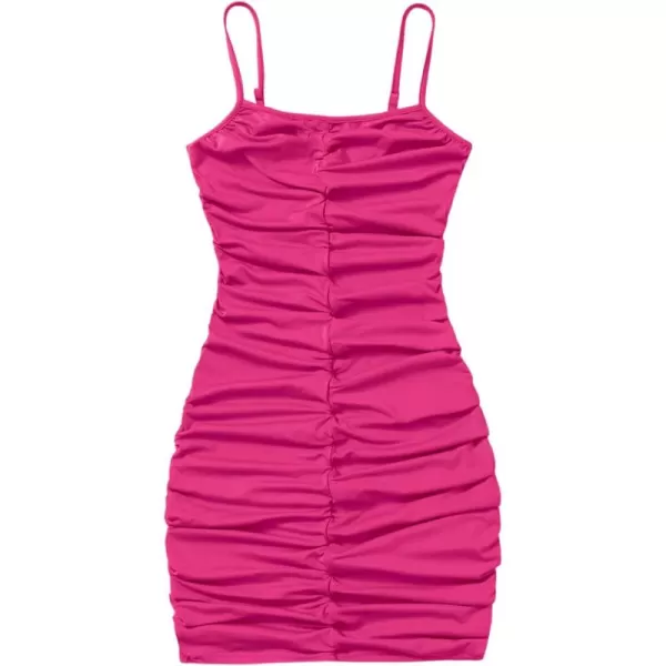 Mebius Girls Spaghetti Strap Bodycon Mini Dress V Neck Summer Sleeveless Ruched Short Tight Pencil DressesPlain Hot Pink