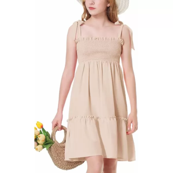 Mebius Girls Summer MiniMaxi Dress Smocked Tie Strap Boho Casual Babydoll Shirred Aline Tiered DressesBeige