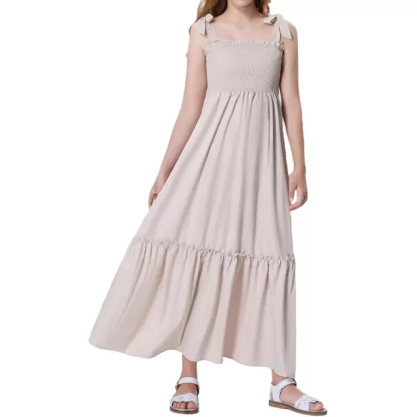 Mebius Girls Summer MiniMaxi Dress Smocked Tie Strap Boho Casual Babydoll Shirred Aline Tiered DressesBeige Maxi
