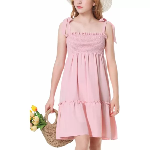 Mebius Girls Summer MiniMaxi Dress Smocked Tie Strap Boho Casual Babydoll Shirred Aline Tiered DressesPink