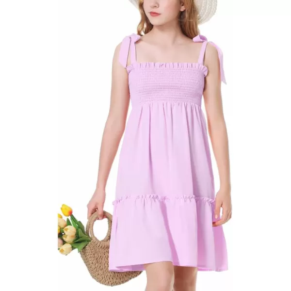 Mebius Girls Summer MiniMaxi Dress Smocked Tie Strap Boho Casual Babydoll Shirred Aline Tiered DressesPurple