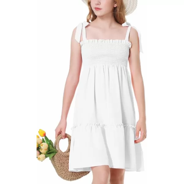 Mebius Girls Summer MiniMaxi Dress Smocked Tie Strap Boho Casual Babydoll Shirred Aline Tiered DressesWhite