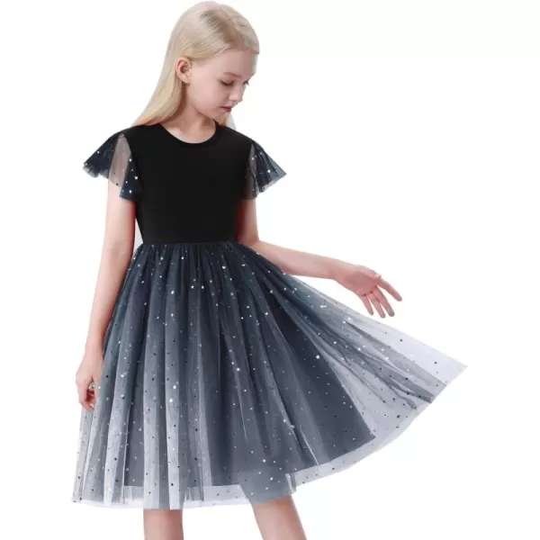 Mebius Girls Tutu Tulle Birthday Party Dress Little Girls Sparkle Fancy Fluffy Ruffle Short Sleeve Flowy Toddler DressesBlack