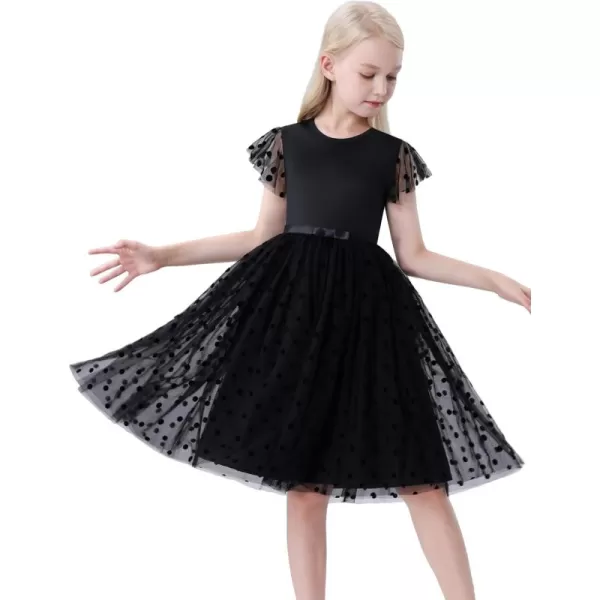 Mebius Girls Tutu Tulle Birthday Party Dress Little Girls Sparkle Fancy Fluffy Ruffle Short Sleeve Flowy Toddler DressesBlack Dot