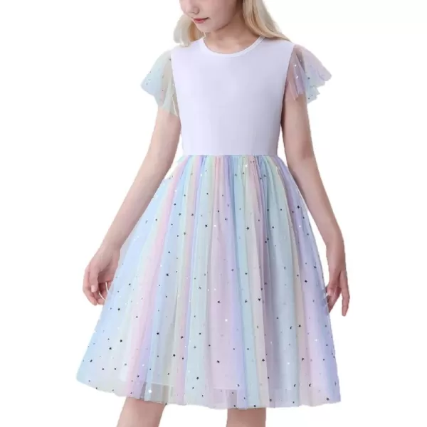 Mebius Girls Tutu Tulle Birthday Party Dress Little Girls Sparkle Fancy Fluffy Ruffle Short Sleeve Flowy Toddler DressesRainbow