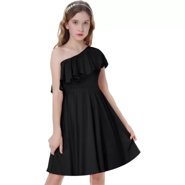 Mebius Girls Tween One Shoulder Ruffle Dresses with Pockets Aline Twirl Sleeveless Dress Party Special Occasion 814YBlack