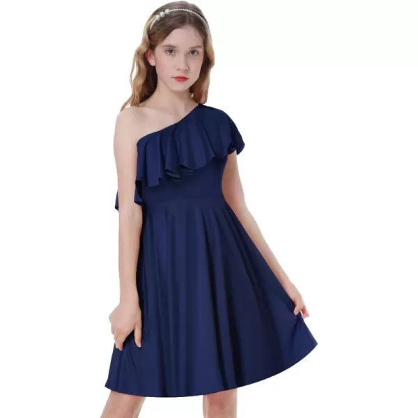 Mebius Girls Tween One Shoulder Ruffle Dresses with Pockets Aline Twirl Sleeveless Dress Party Special Occasion 814YDark Blue