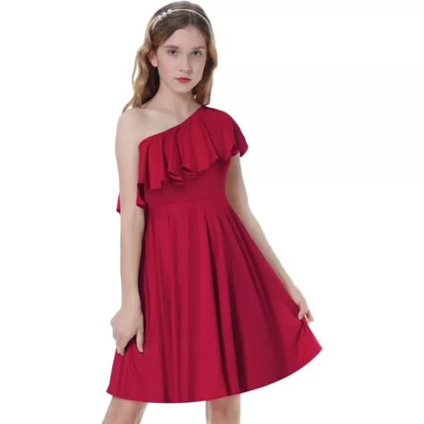 Mebius Girls Tween One Shoulder Ruffle Dresses with Pockets Aline Twirl Sleeveless Dress Party Special Occasion 814YWine Red