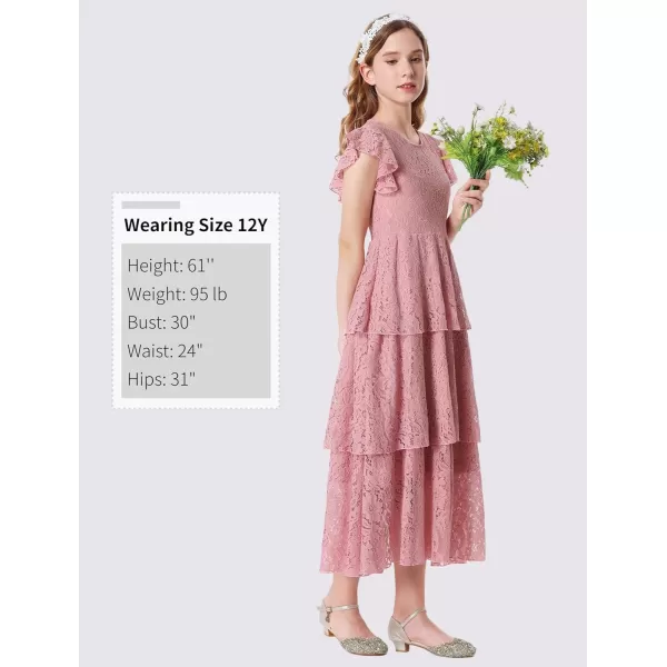 Mebius Girls Lace Maxi Long Dress Ruffle Sleeve Crewneck Tiered ALine Swing Wedding Party DressesPink