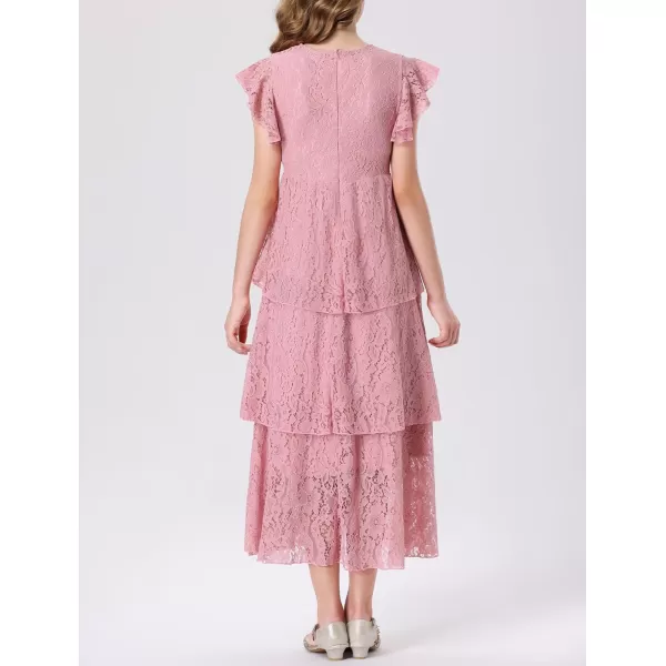 Mebius Girls Lace Maxi Long Dress Ruffle Sleeve Crewneck Tiered ALine Swing Wedding Party DressesPink