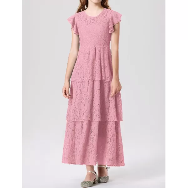 Mebius Girls Lace Maxi Long Dress Ruffle Sleeve Crewneck Tiered ALine Swing Wedding Party DressesPink