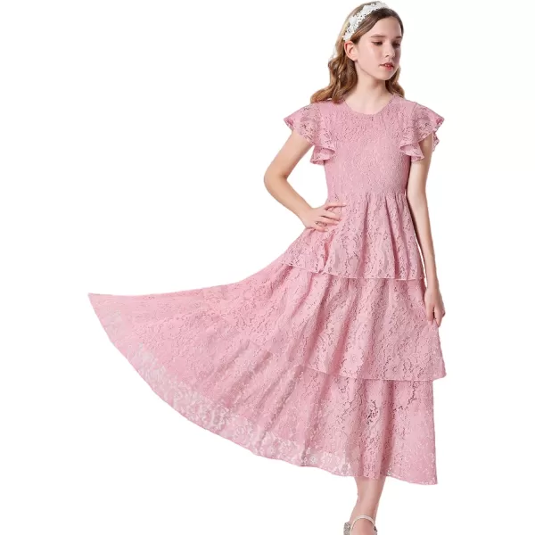 Mebius Girls Lace Maxi Long Dress Ruffle Sleeve Crewneck Tiered ALine Swing Wedding Party DressesPink