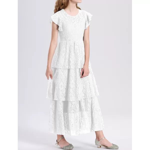 Mebius Girls Lace Maxi Long Dress Ruffle Sleeve Crewneck Tiered ALine Swing Wedding Party DressesWhite