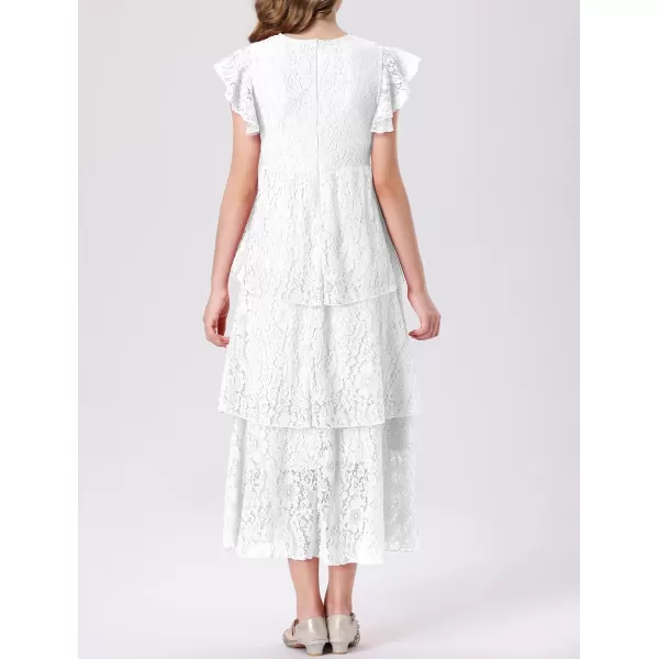 Mebius Girls Lace Maxi Long Dress Ruffle Sleeve Crewneck Tiered ALine Swing Wedding Party DressesWhite