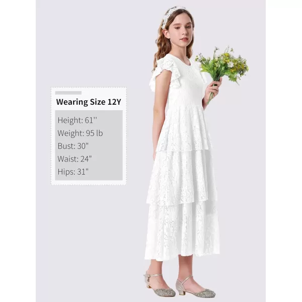 Mebius Girls Lace Maxi Long Dress Ruffle Sleeve Crewneck Tiered ALine Swing Wedding Party DressesWhite