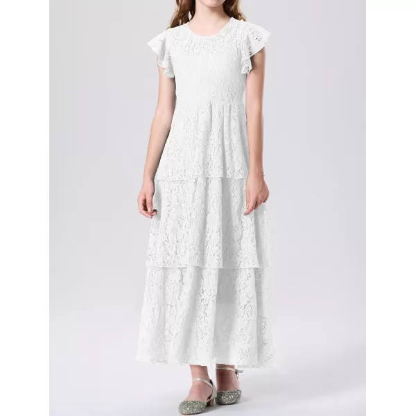 Mebius Girls Lace Maxi Long Dress Ruffle Sleeve Crewneck Tiered ALine Swing Wedding Party DressesWhite