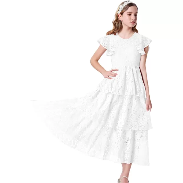 Mebius Girls Lace Maxi Long Dress Ruffle Sleeve Crewneck Tiered ALine Swing Wedding Party DressesWhite