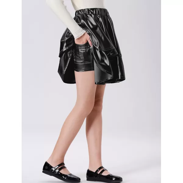 Mebius Girls Leather Metallic Skirt Elastic Waist with Shorts Pockets Tiered Ruffle Skirts Party 612YBlack