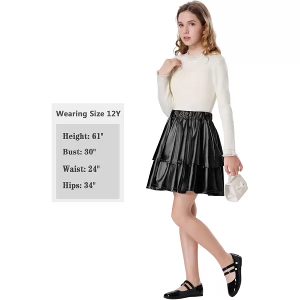 Mebius Girls Leather Metallic Skirt Elastic Waist with Shorts Pockets Tiered Ruffle Skirts Party 612YBlack
