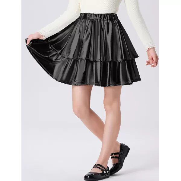 Mebius Girls Leather Metallic Skirt Elastic Waist with Shorts Pockets Tiered Ruffle Skirts Party 612YBlack