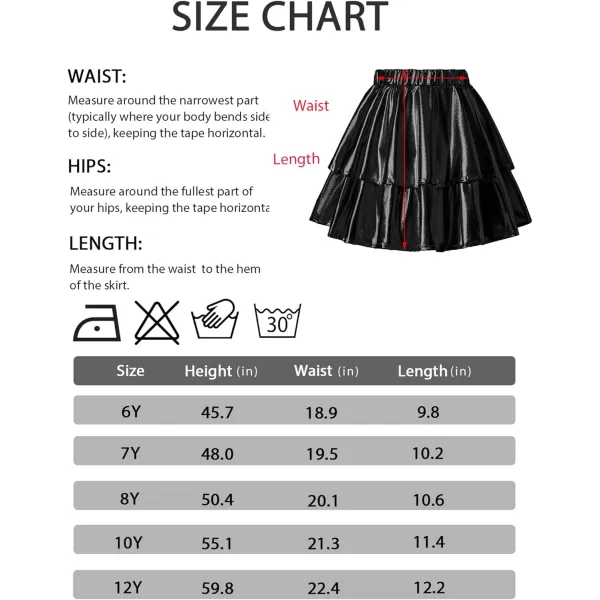 Mebius Girls Leather Metallic Skirt Elastic Waist with Shorts Pockets Tiered Ruffle Skirts Party 612YBlack