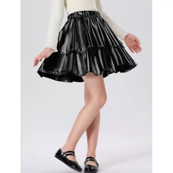 Mebius Girls Leather Metallic Skirt Elastic Waist with Shorts Pockets Tiered Ruffle Skirts Party 612YBlack