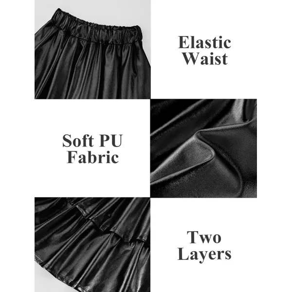 Mebius Girls Leather Metallic Skirt Elastic Waist with Shorts Pockets Tiered Ruffle Skirts Party 612YBlack