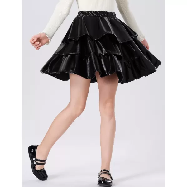 Mebius Girls Leather Metallic Skirt Elastic Waist with Shorts Pockets Tiered Ruffle Skirts Party 612YBlack Three Layers